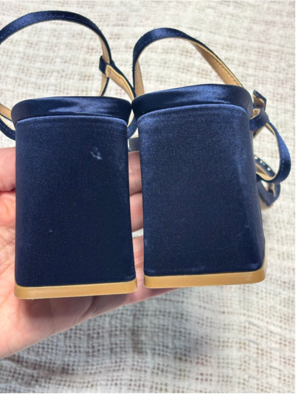 Jewel Badgley Mischka Strappy Navy Satin Rhinestone Block Heel SZ 7 Formal Party - Picture 5 of 11